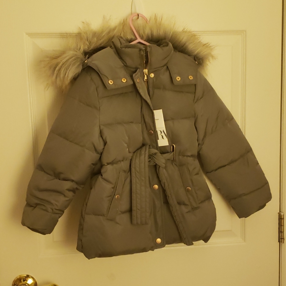 Puffer gray coat with belt and hood Next day deliv